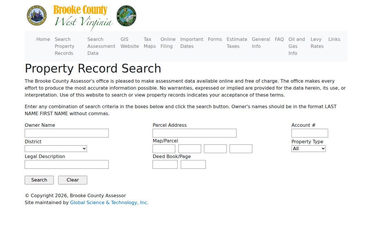 Brooke assessor fields for a Weirton residents directory search
