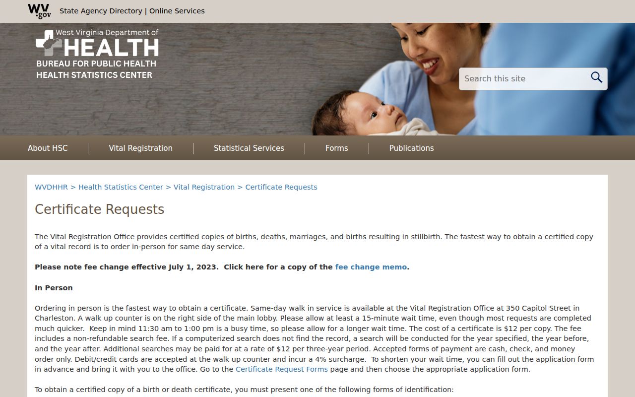 West Virginia Vital Registration certificate request choices used for Weirton records
