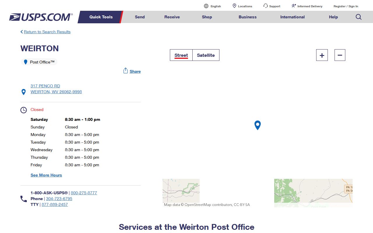 USPS listing for the main Weirton Post Office and ZIP 26062